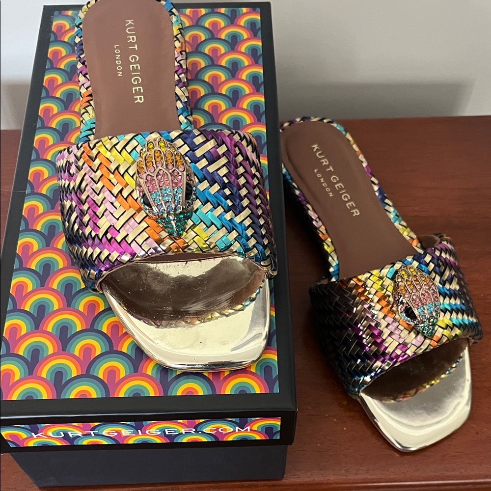 Kurt Geiger Metallic Woven Slide Sandals with Jeweled Bird Accent size 8